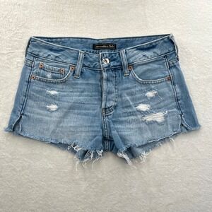 Y2K Abercrombie & Fitch Distressed Denim Shorts Rips Frayed Light Wash 24 Button
